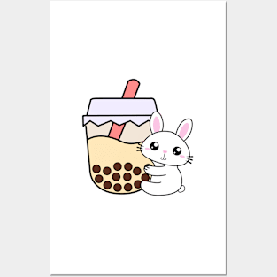 Sweet Baby Rabbit Hugs Bubble Tea Kawaii Cream Boba Tea Posters and Art